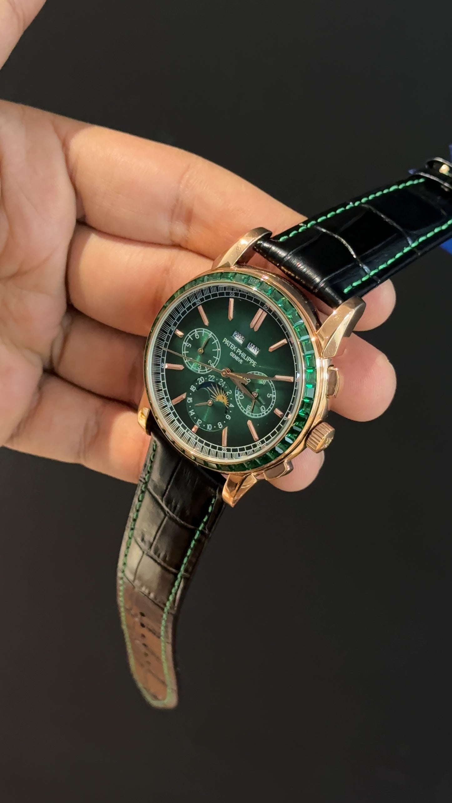 Patek Century | Auto | Rose | Green Diamond Bezel | Black Leather Strap | Green Index Dial