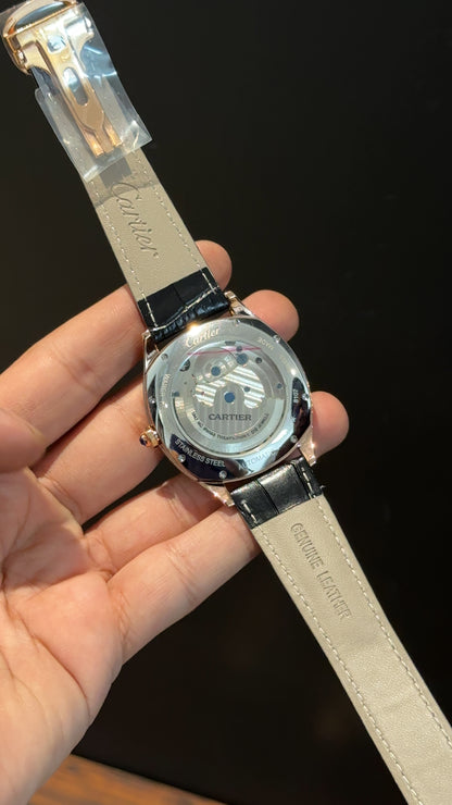 Cartier | Rose | Skeleton | Oval Shape Case | Moonphase | Black Leather Strap |  Black Dial