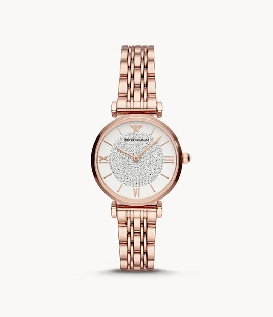 Emporio Armani Women’s Quartz Rose Gold Stainless Steel Silver Crystal Pave Dial 32mm AR11244