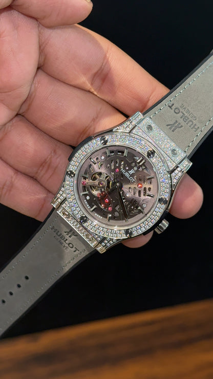Hublot Auto | Diamond Case | Grey Strap | Skeleton | Silver Dial