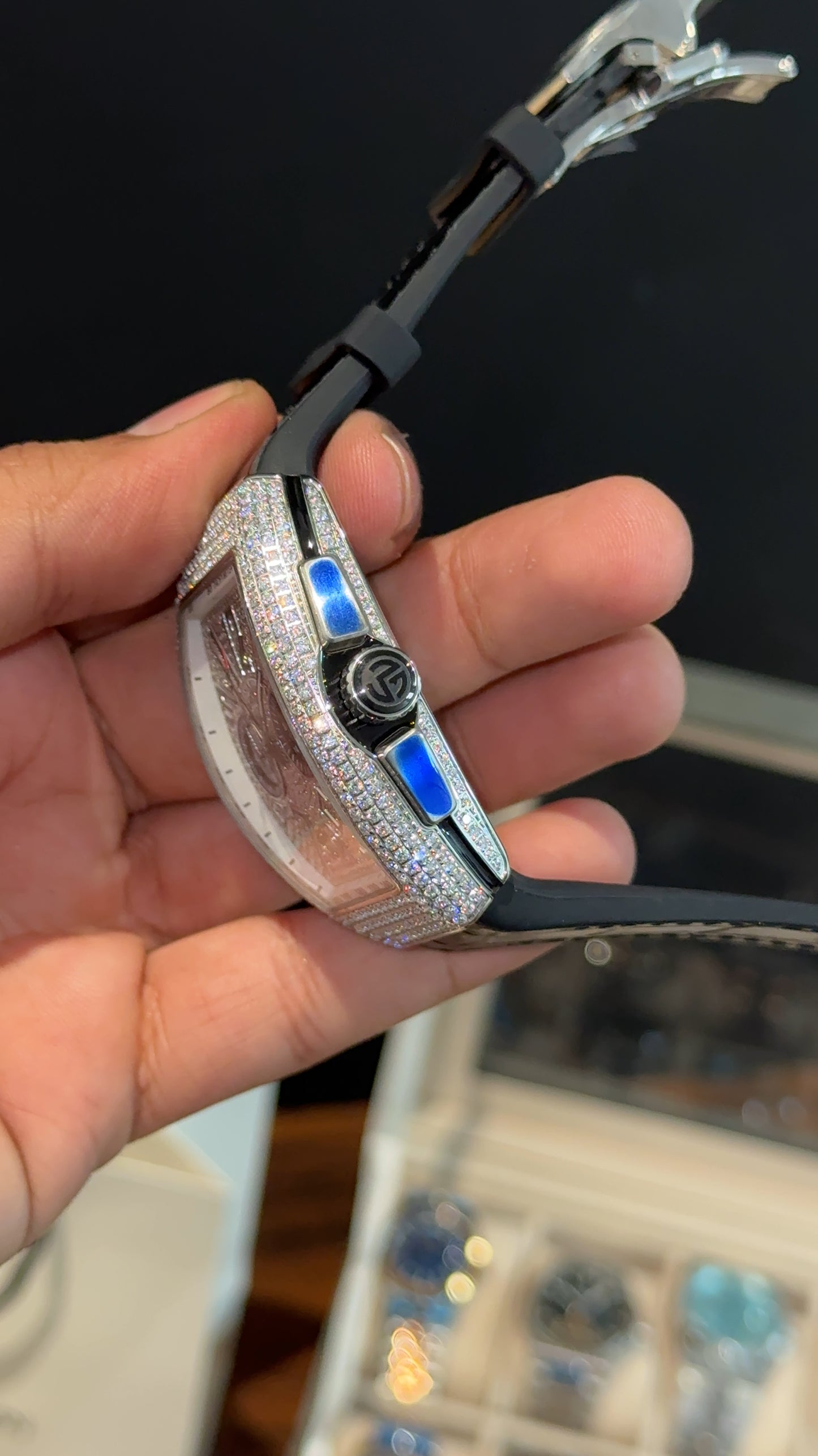 Premium Franck Muller | Vanguard  Chronograph Edition | Silver Diamond Case | Black Leather Strap | Silver Pearl Dial