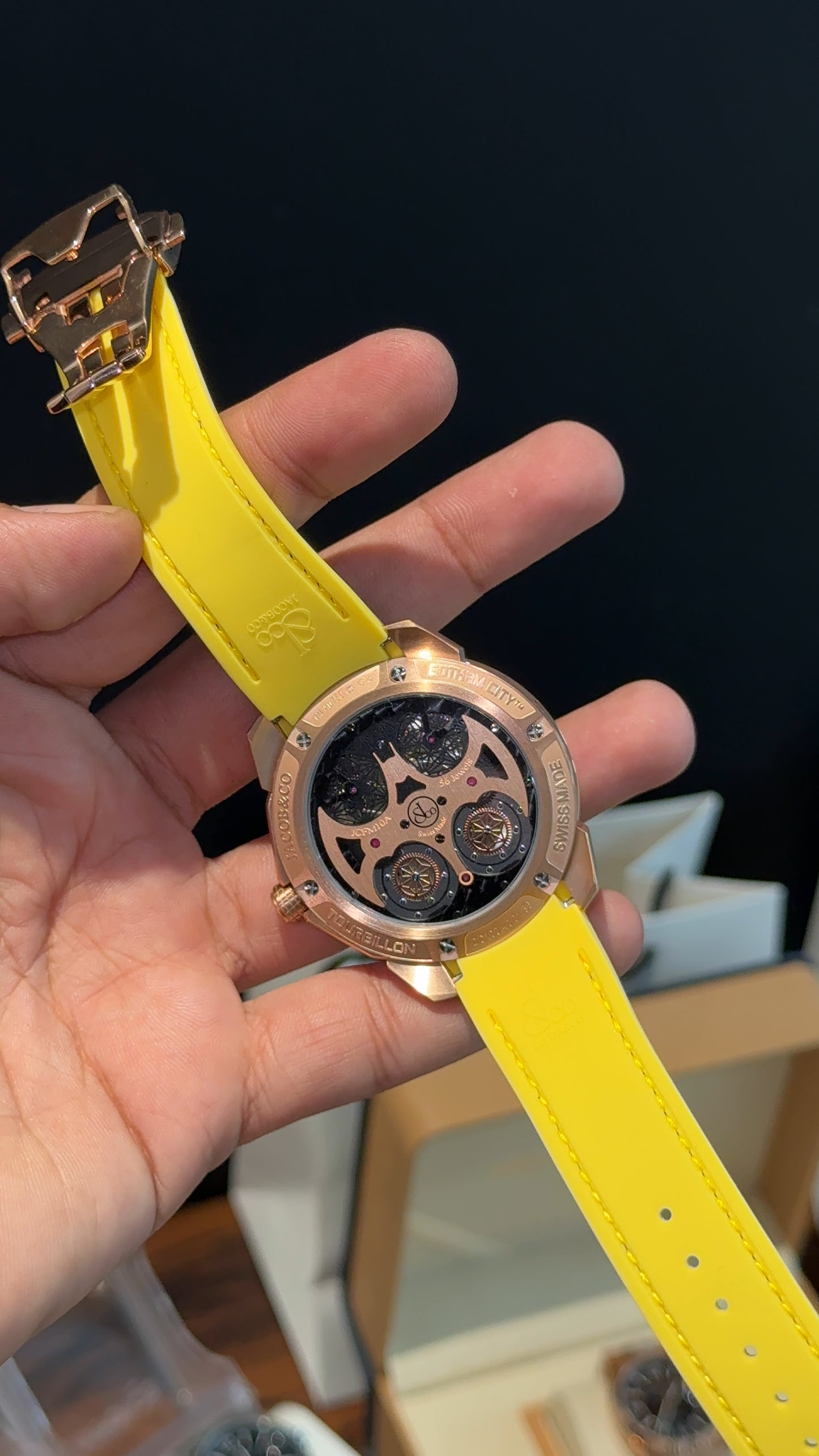 Executive Jacob and Co | Rose Bezel | Double Tourbillon | Black Strap With Yellow Accent | Gotham City Batman | Black Dial