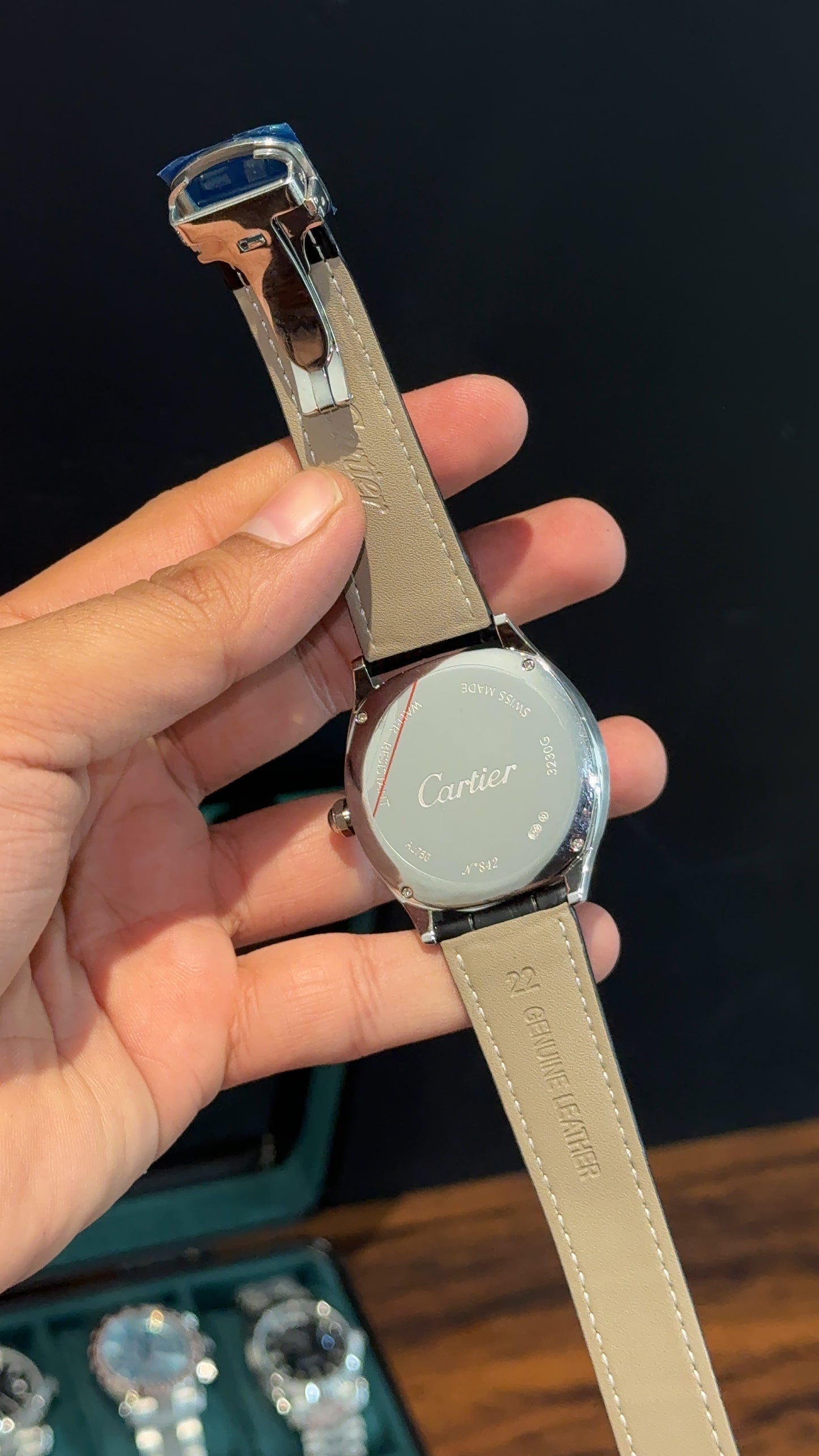 Cartier Silver | Black Leather Strap | FlyBack Second | Green Roman Dial