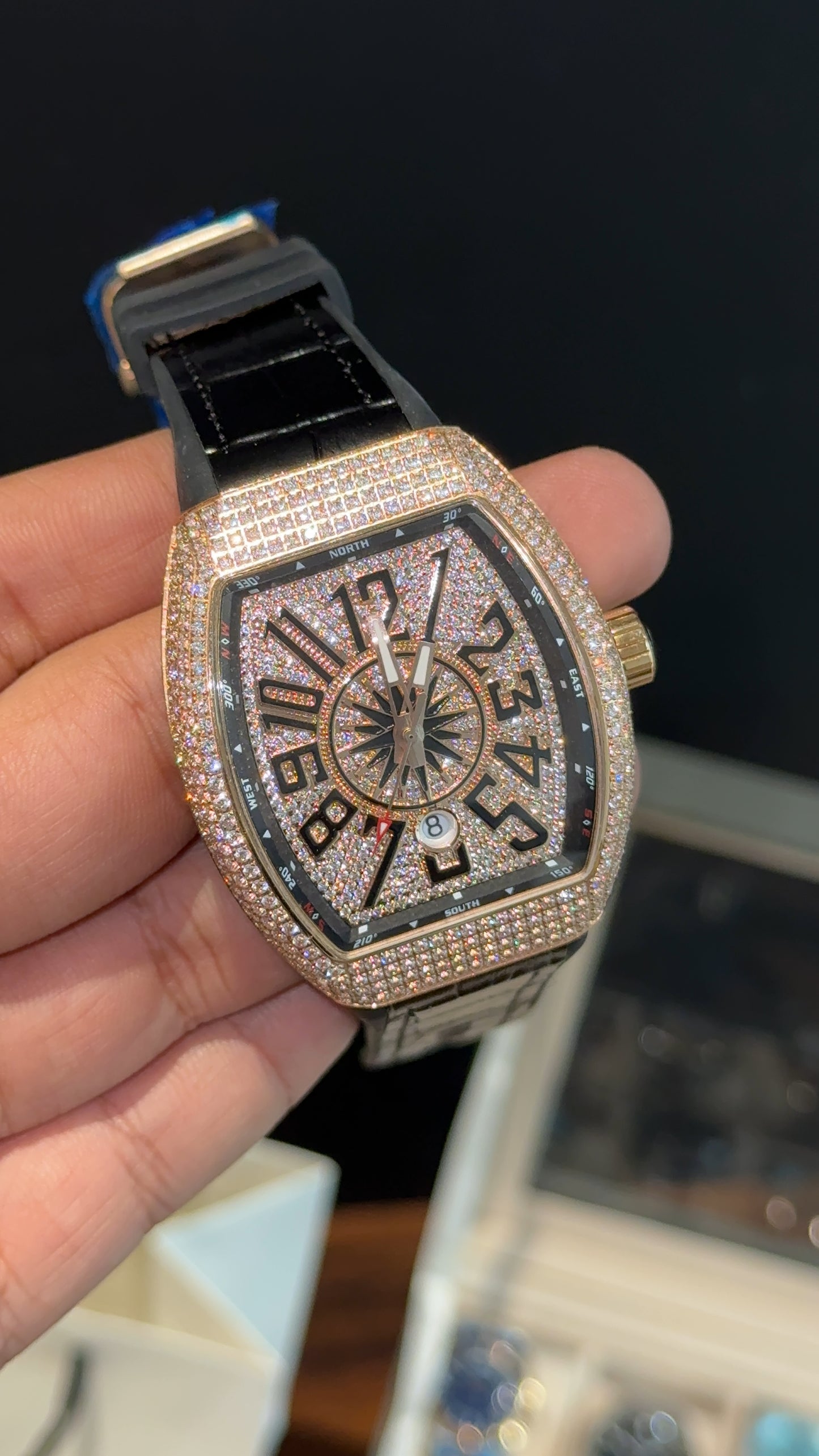 Premium Franck Muller | Vanguard  Edition | Rose Diamond Case | Black Leather Strap | Rose Pearl Dial