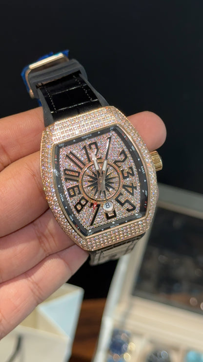 Premium Franck Muller | Vanguard  Edition | Rose Diamond Case | Black Leather Strap | Rose Pearl Dial