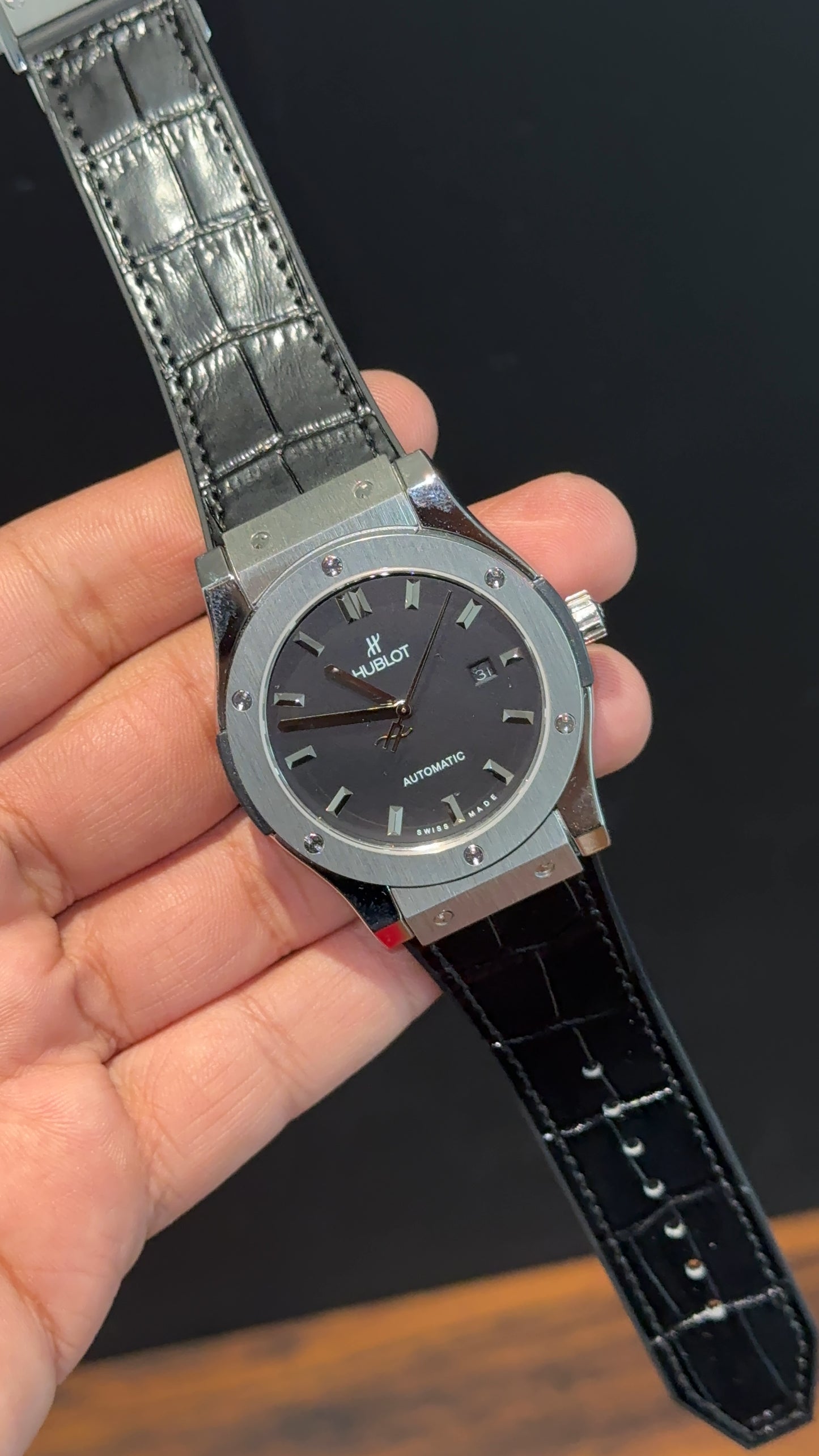 Hublot Auto | Silver Case | Black Strap | Black Dial