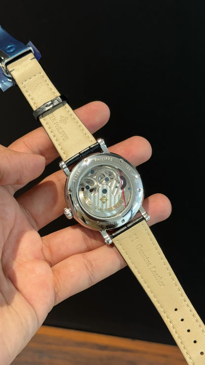 Pp Auto | Grey Skeleton | Black leather strap | Moonphase | Orange Line