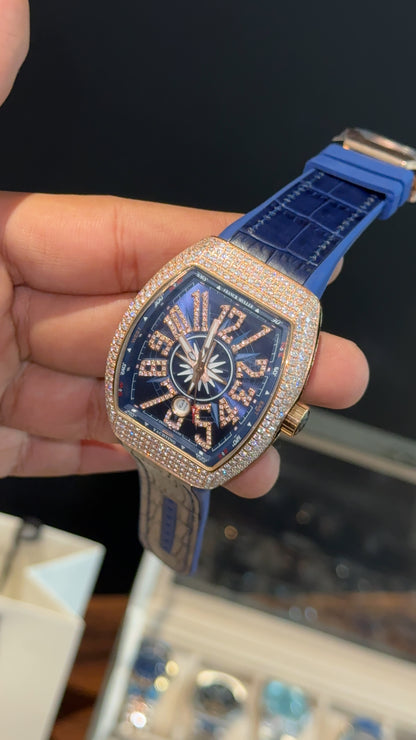 Premium Franck Muller | Vanguard V45 Edition | Yachting Rose Diamond Case | Blue Leather Strap | Blue Dial