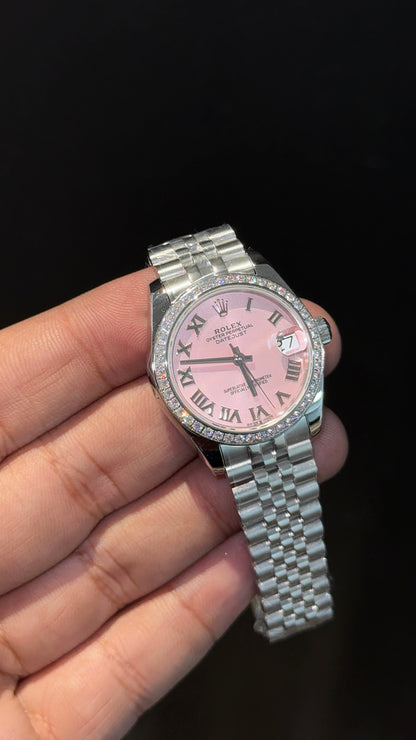 Premium DateJust | Eveline | Diamond Bezel | 30mm | Women | Silver Chain | Light Pinkish Dial