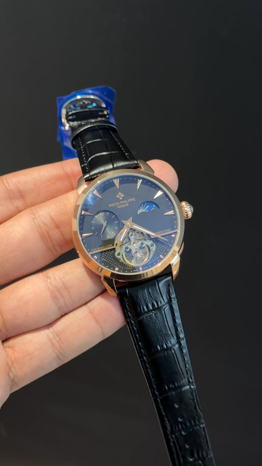 PP Auto | Rose | Pendulum | Moonphase | Black Leather Strap  | Black Timer Dial