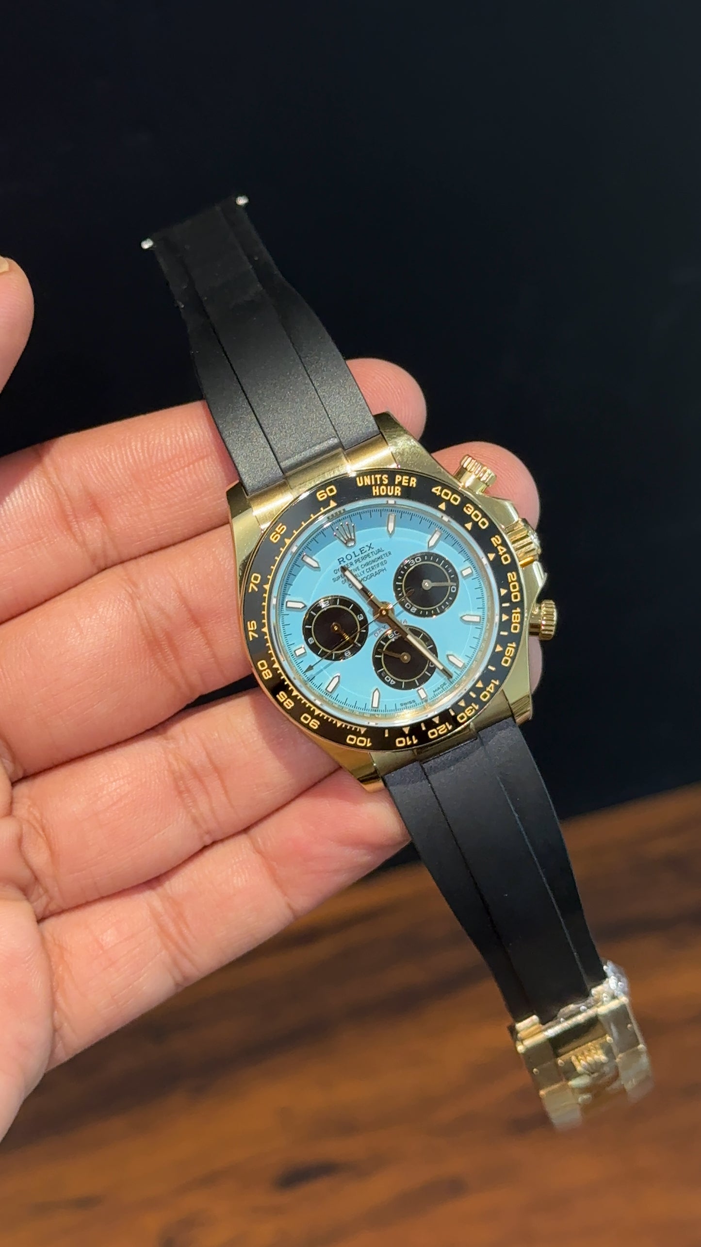 Premium Daytona | Gold | Black Pvc Strap | Black Chrono | Tiffany Dial