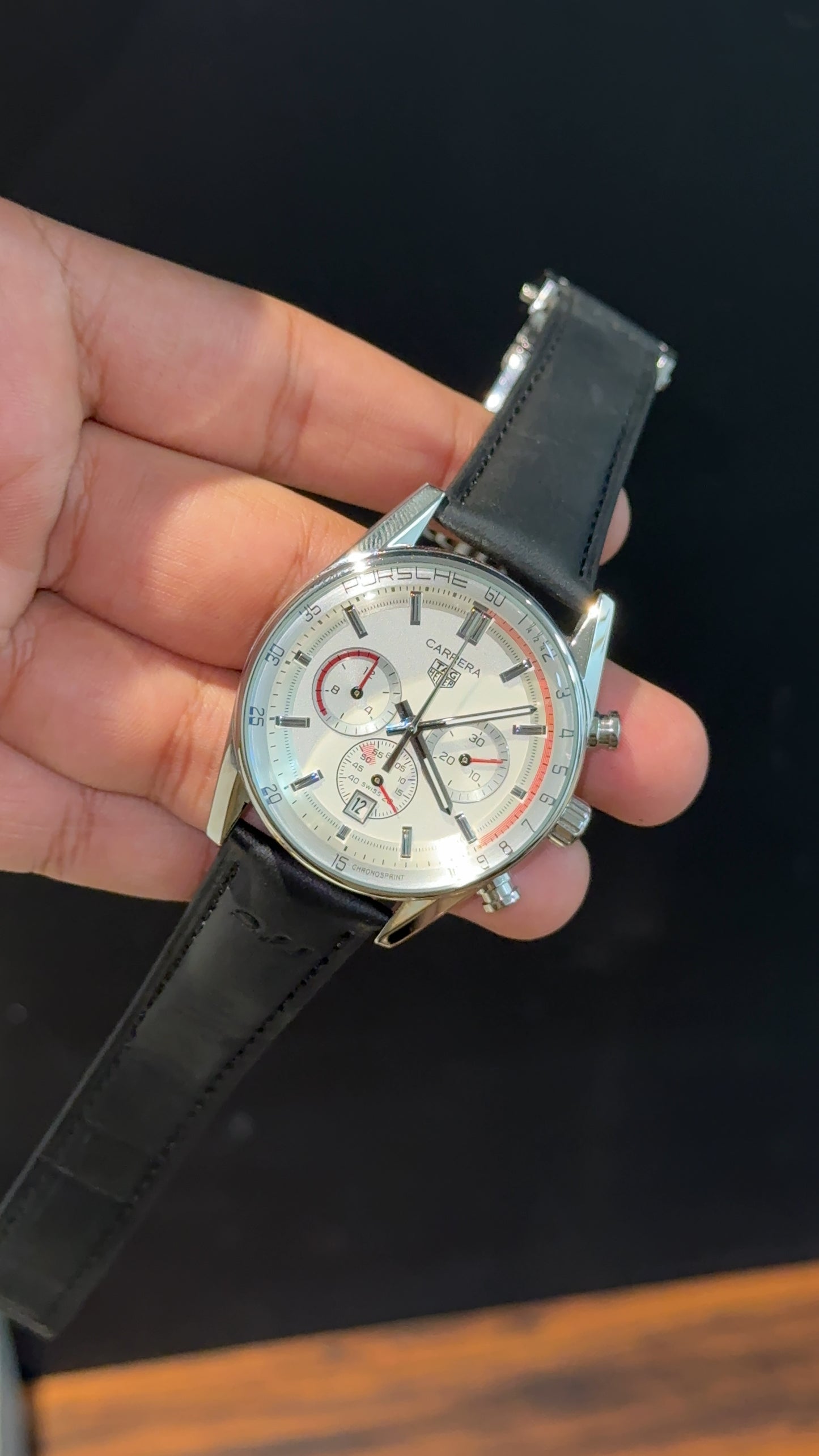 Tag Carrera | Black Strap | Silver Bezel | Red Chrono Niddles | White Dial