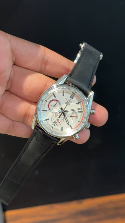 Tag Carrera | Black Strap | Silver Bezel | Red Chrono Niddles | White Dial