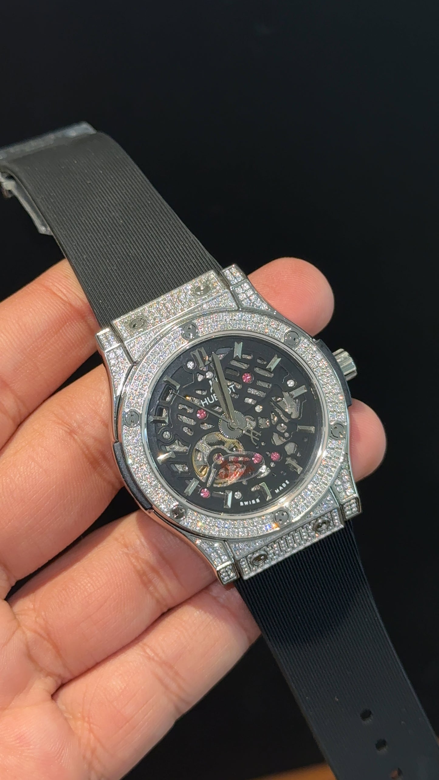 Hublot Auto | Diamond Case | Black Strap | Skeleton | Black Dial