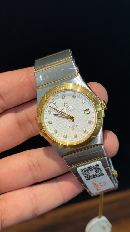 Omega Constellation | Gold Two Tone | Gold Diamond Digit | White Textured Dial