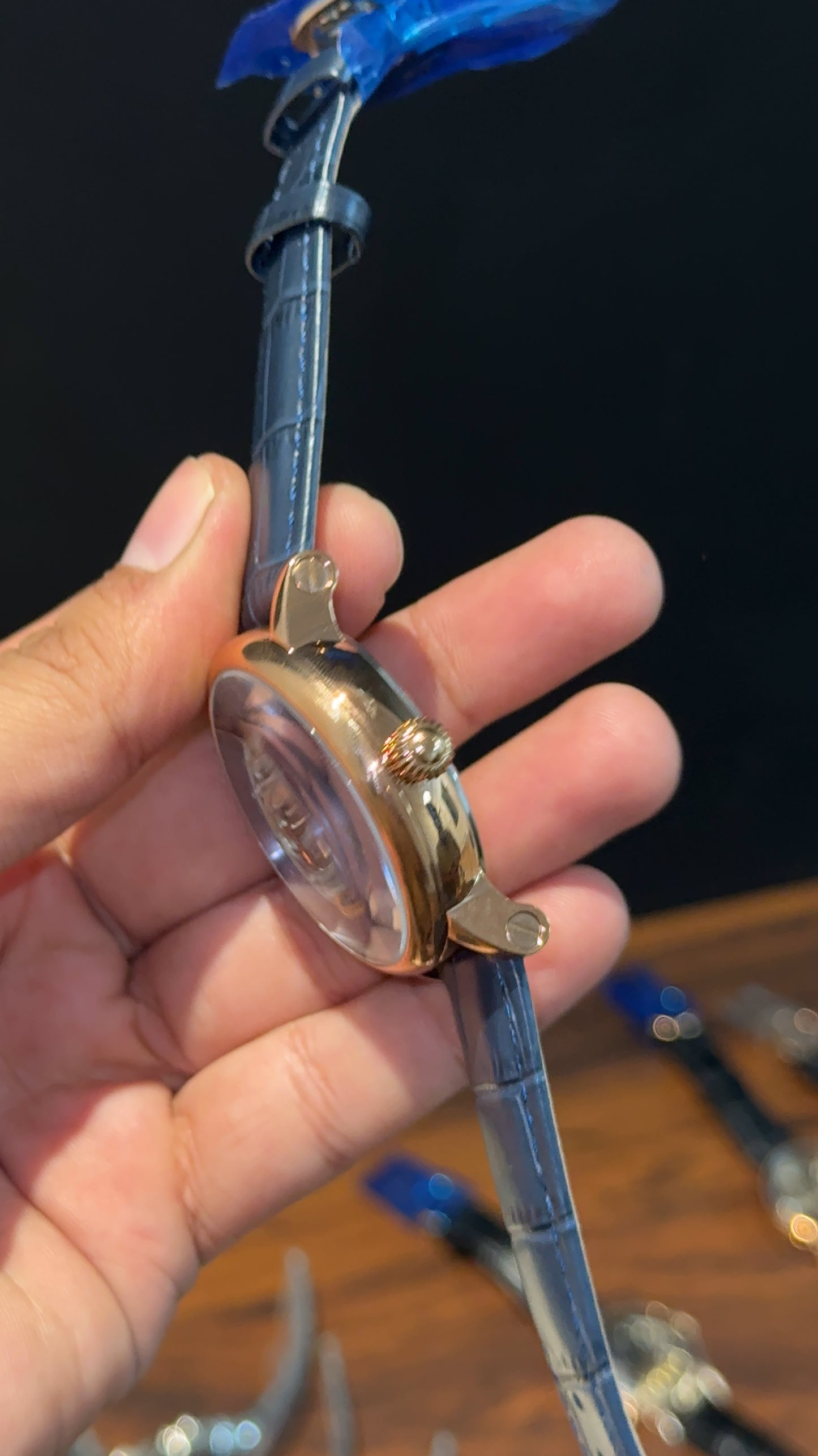 Patek Rose | Moonphase | Yellow Pendulum | Blue Leather Strap | Grey Machine | Blue Dial