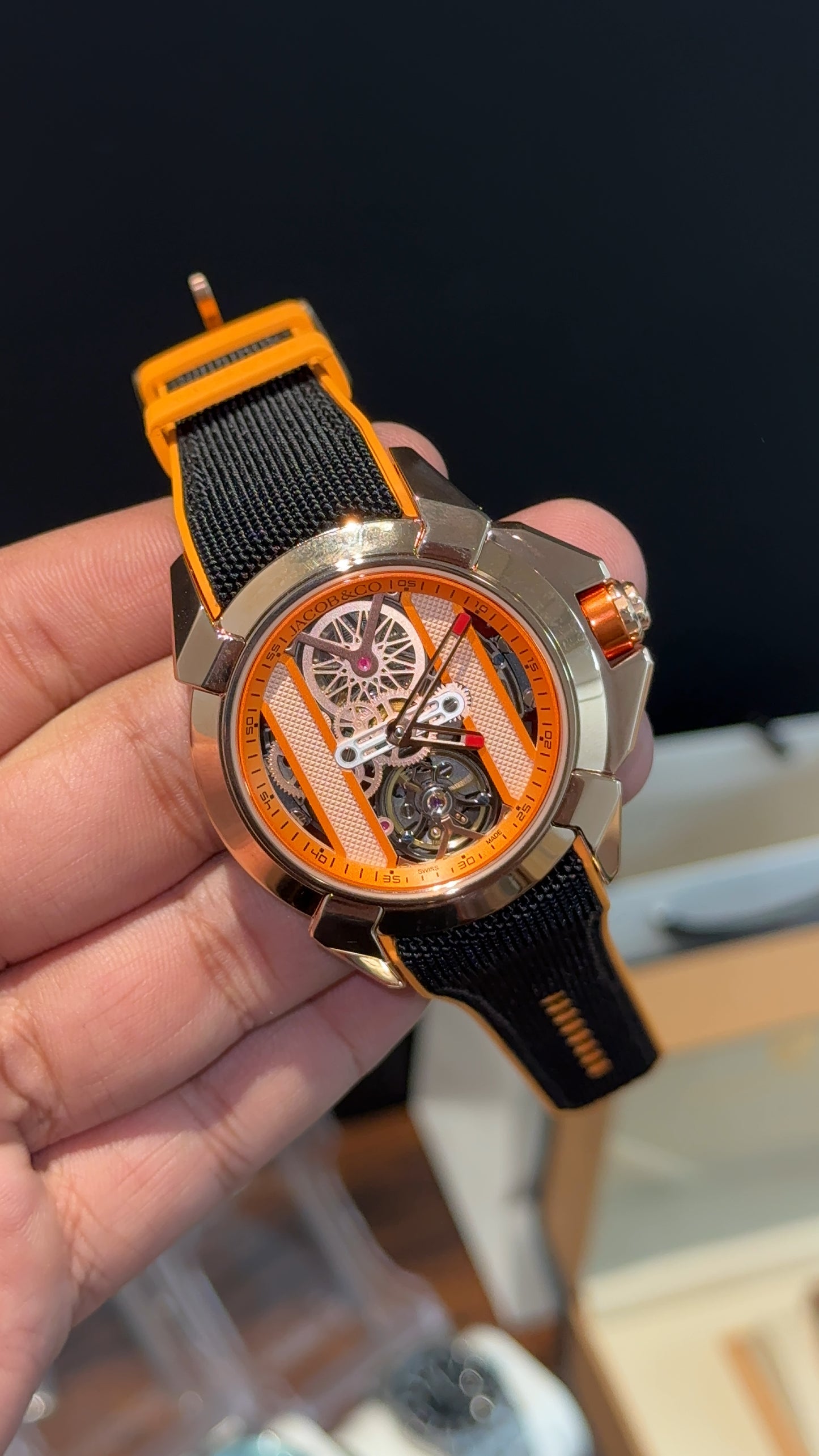Executive Jacob and Co | Rose Bezel | Black Strap With Orange Accent | Mens Mechanical Epic | Black Dial