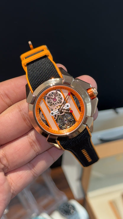 Executive Jacob and Co | Rose Bezel | Black Strap With Orange Accent | Mens Mechanical Epic | Black Dial