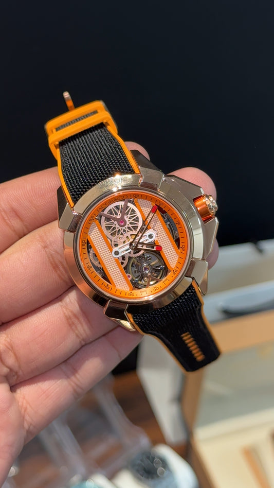 Premium Jacob and Co | Rose Bezel | Black Strap With Orange Accent | Mens Mechanical Epic | Black Dial