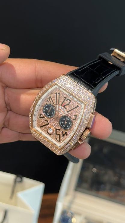 Premium Franck Muller | Vanguard Chronograph Edition | Rose Diamond Case | Black Leather Strap | Rose Pearl Dial