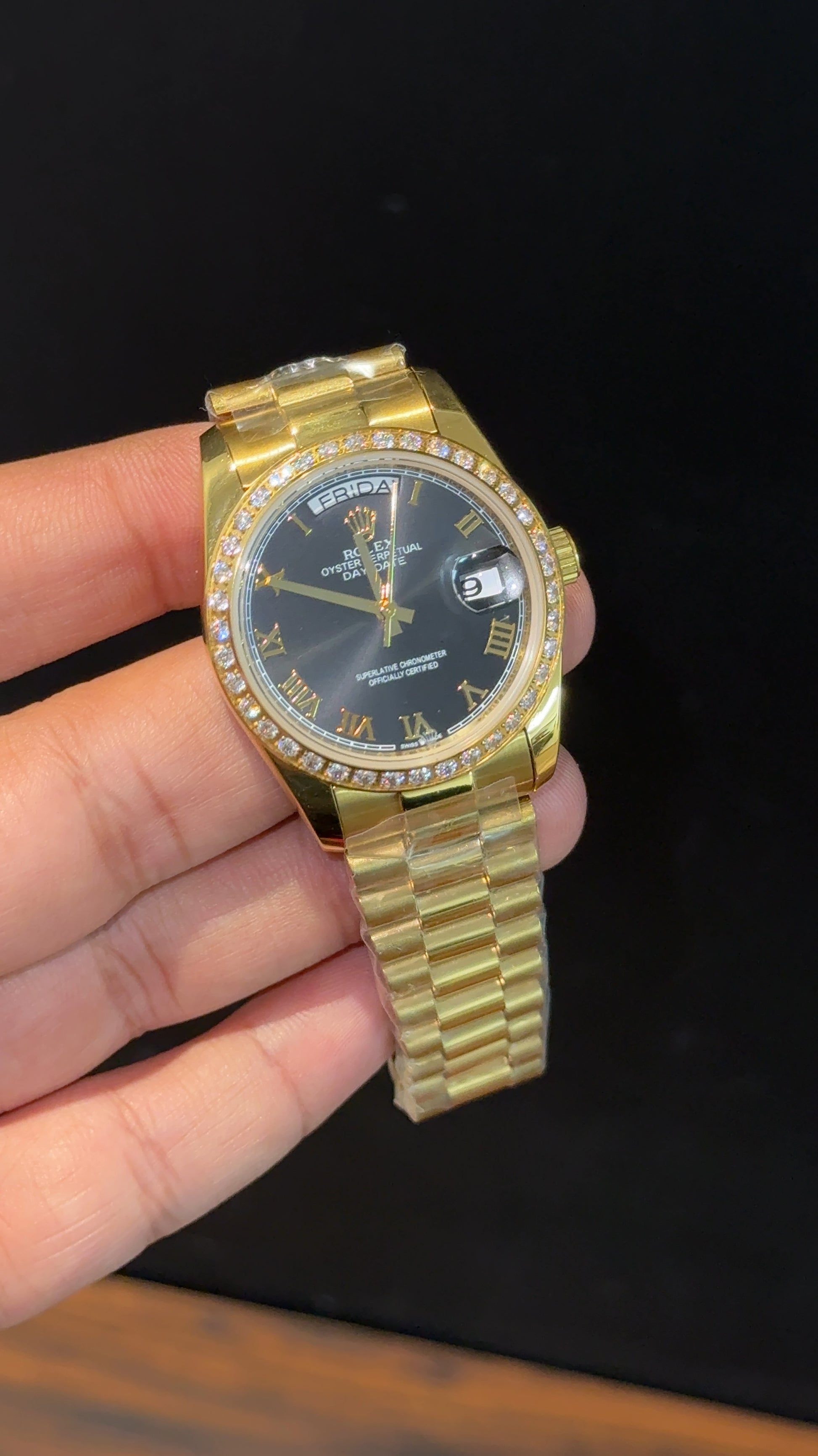 Daydate | 36mm | Gold Chain | Diamond Case | Black Index Dial - twentyfour