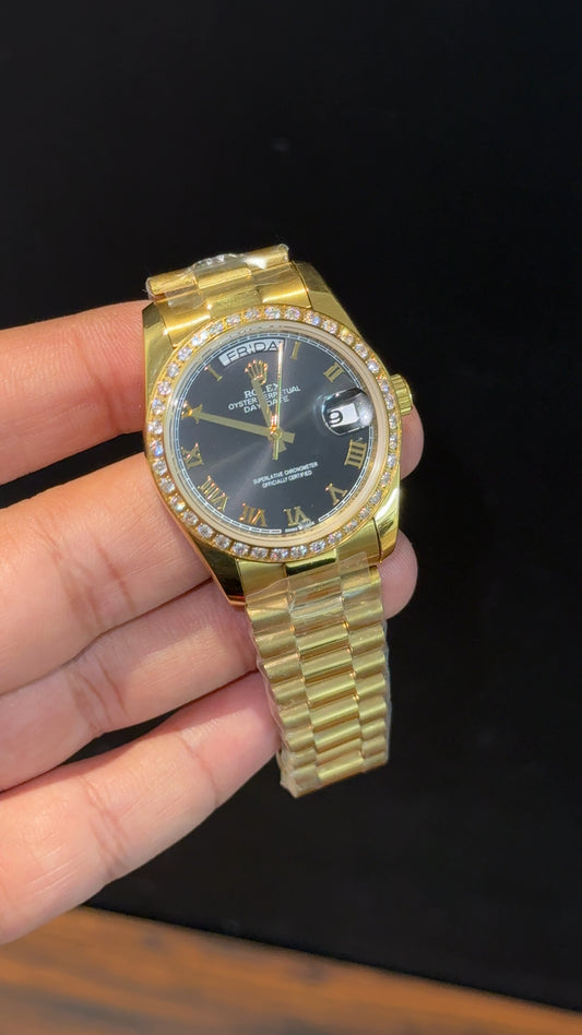 Daydate | 36mm | Gold Chain | Diamond Case | Black Index Dial - twentyfour