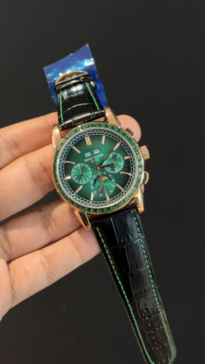 Patek Century | Auto | Rose | Green Diamond Bezel | Black Leather Strap | Green Index Dial