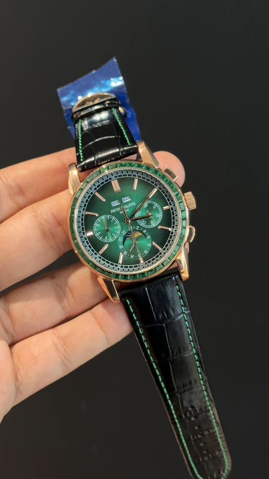 Patek Century | Auto | Rose | Green Diamond Bezel | Black Leather Strap | Green Index Dial