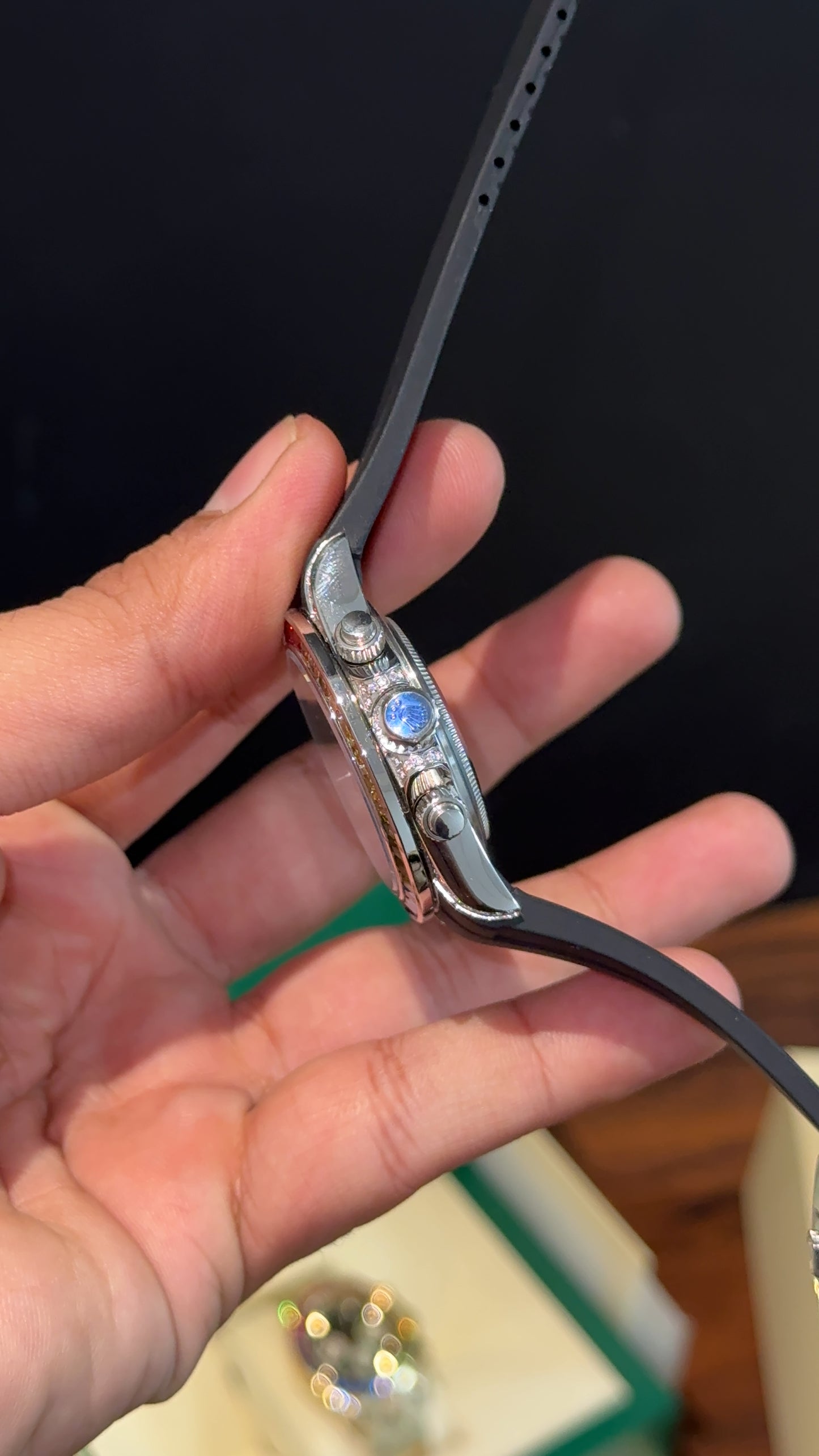 Daytona Silver | Rainbow Diamond Case | Black Pvc Strap | Diamond Digit | Chrono | Black Dial