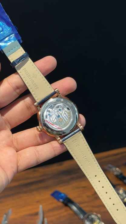 Patek Rose | Moonphase | Yellow Pendulum | Blue Leather Strap | Grey Machine | Blue Dial