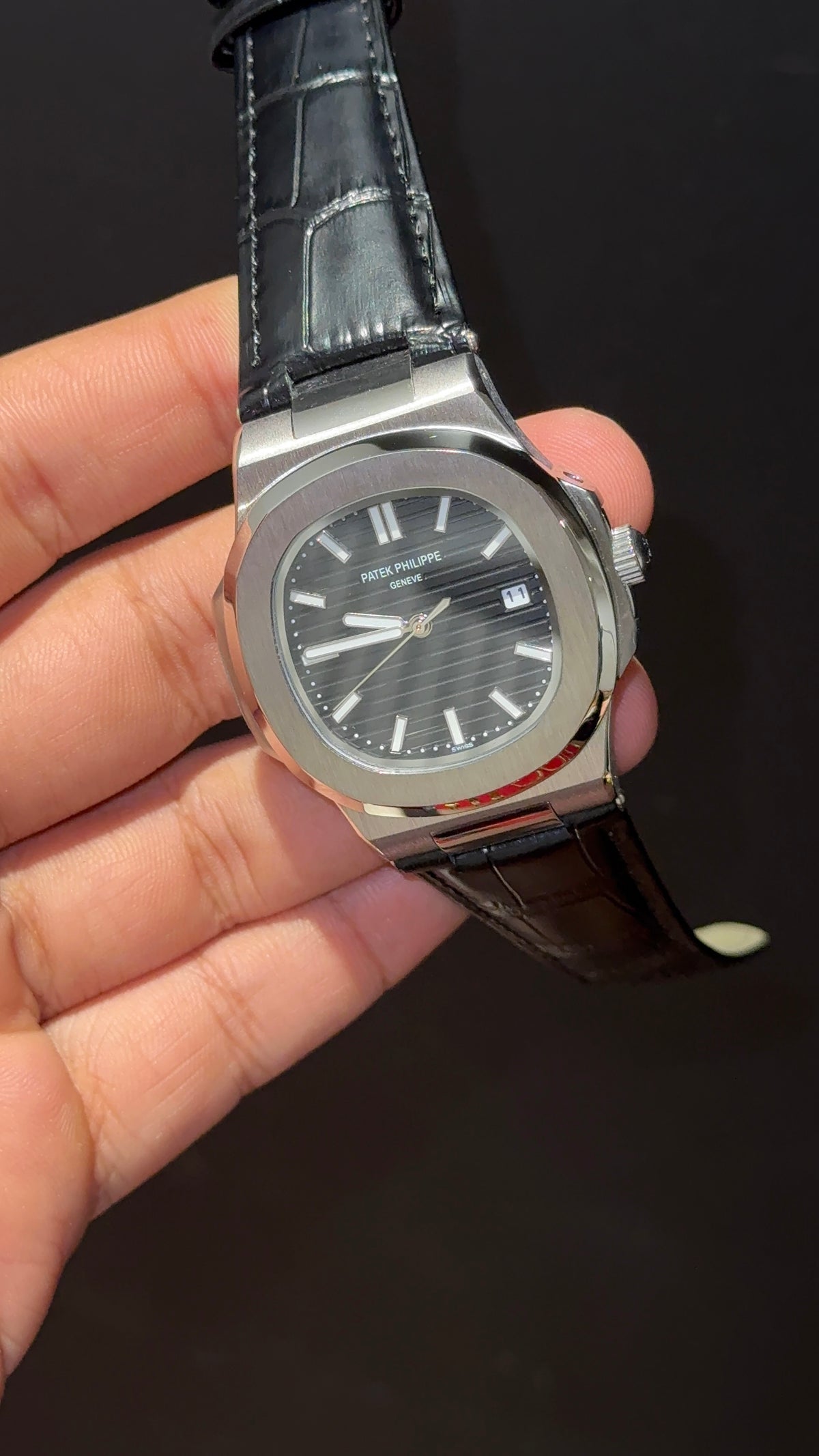 Pp Auto | Silver Bezel | Black Dial | Black Leather Strap