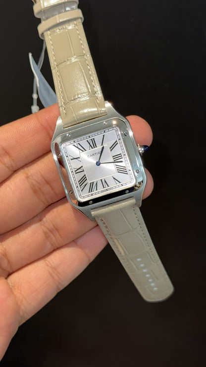 Cartier Santos | Silver Case | Light Grey Dumont Strap | White Dial