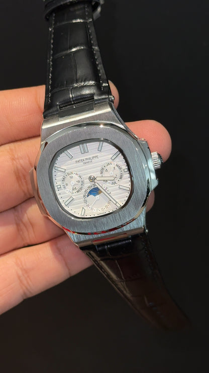 Pp Auto | Moonphase | Chrono | Silver Case | Black Leather Strap | White Dial