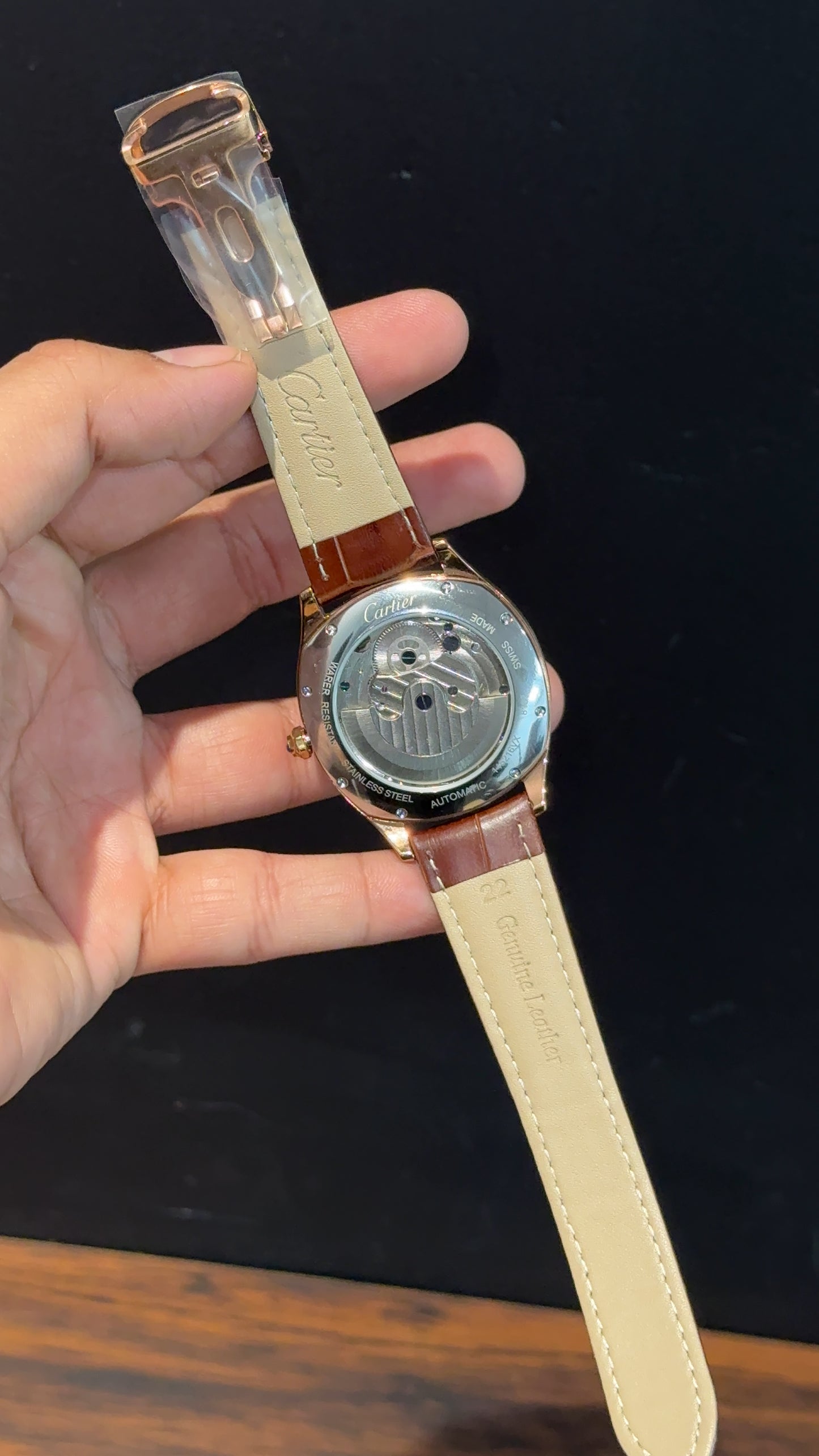 Cartier | Rose Square Bezel | Pendulum | Moonphase | Brown Strap | Shady White Blue Dial