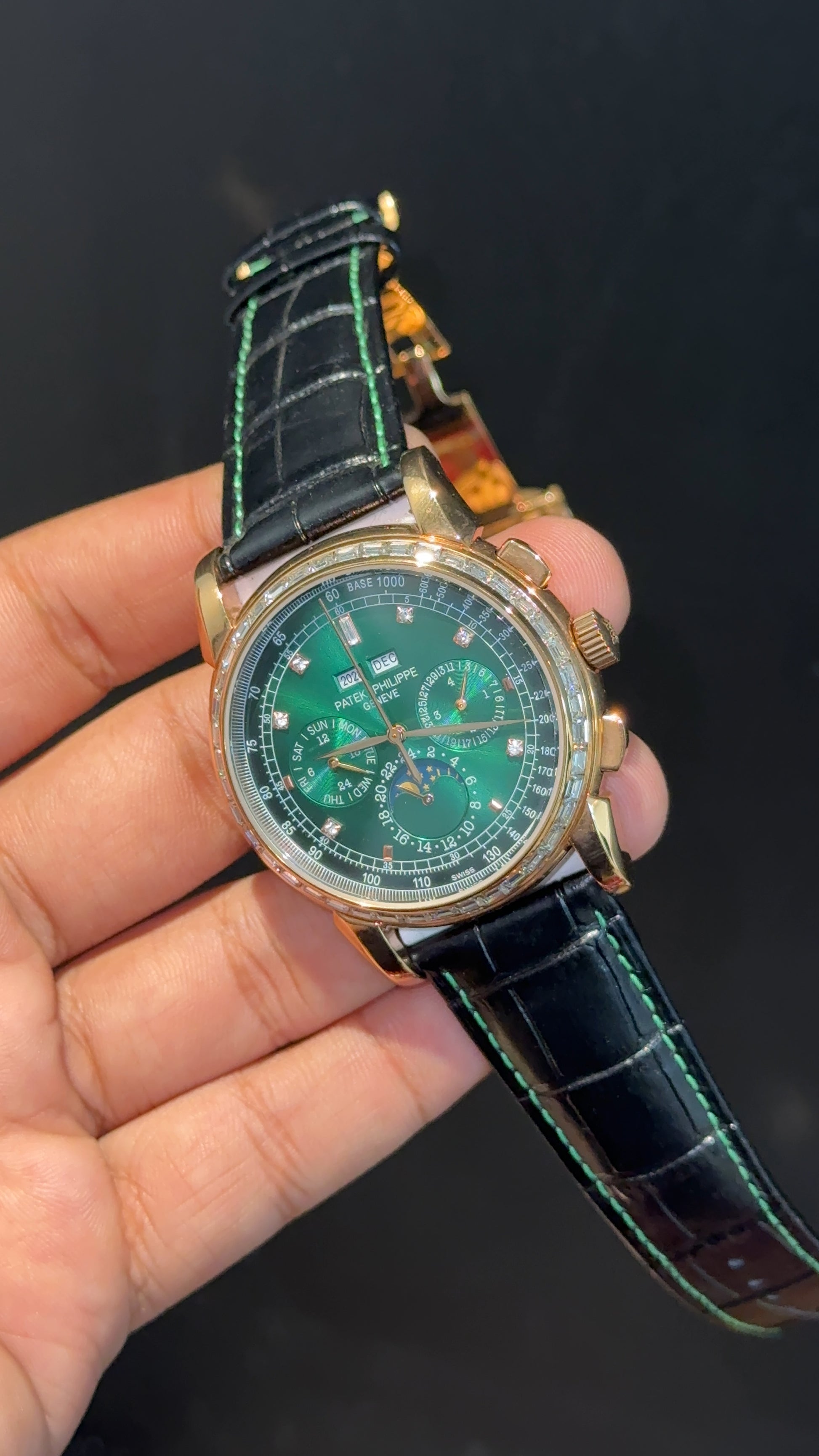 Patek Century | Auto | Rose Diamond Case | Green Diamond Dial | Black Leather Strap - twentyfour