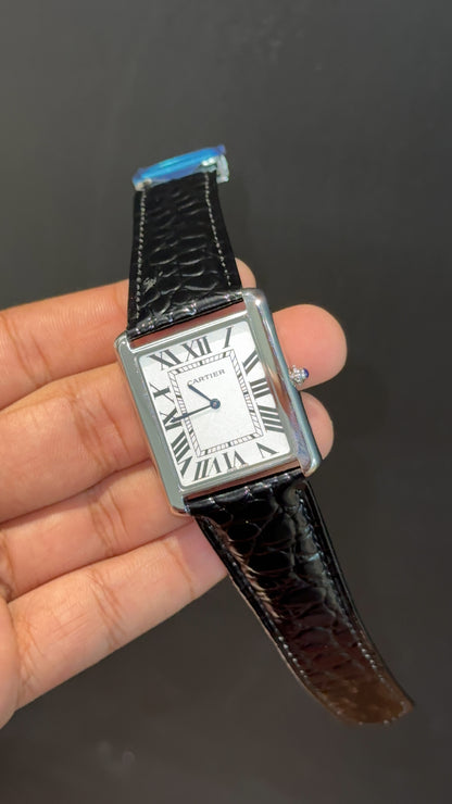 Cartier Tank | Silver | Black Leapord Strap | White Dial