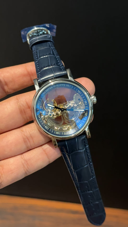 Pp Auto | Gold Skeleton Machine | Blue leather strap | Transparent Gold Dial