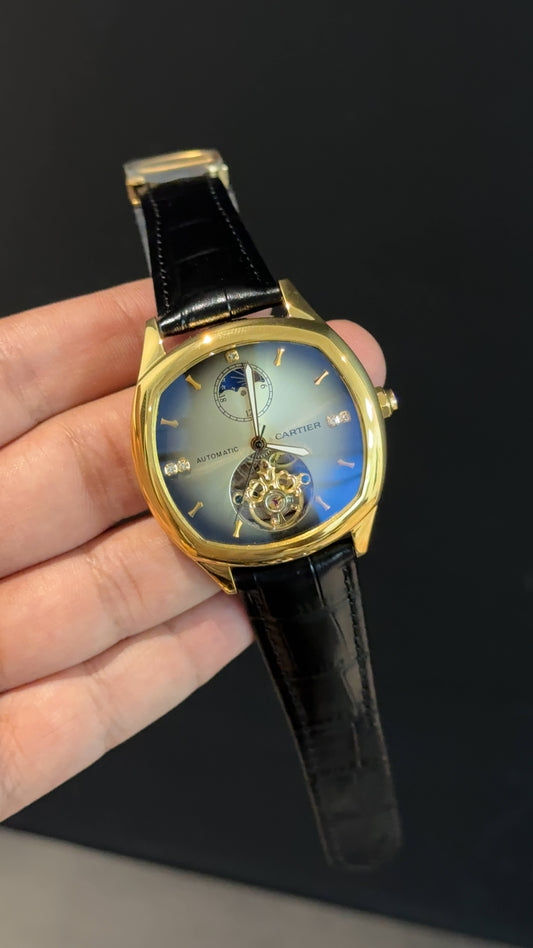 Cartier | Gold Square Bezel | Pendulum | Moonphase | Black Strap | Shady White Blue Dial