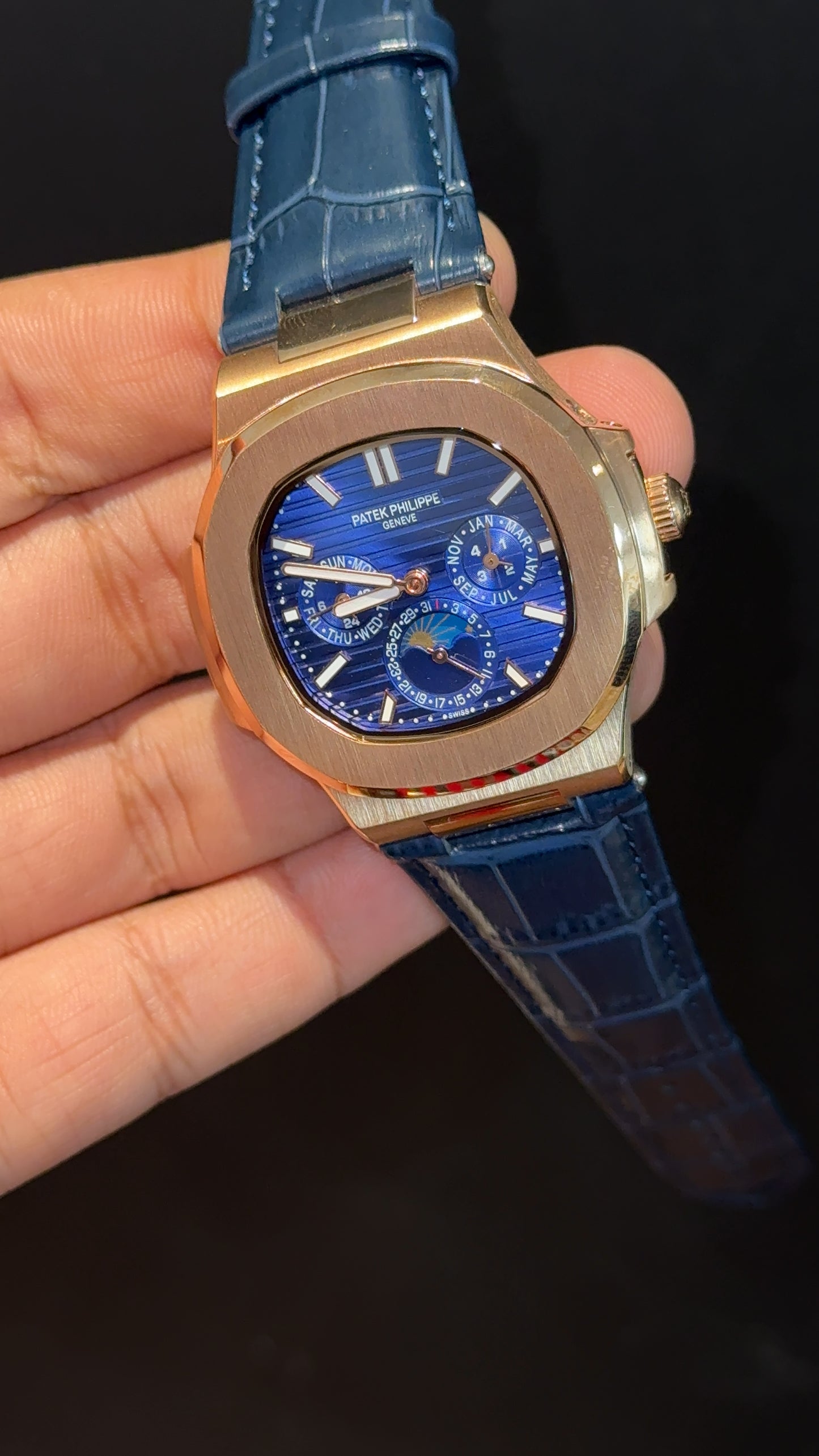 Pp Auto | Moonphase | Chrono | Rose Case | Blue Leather Strap | Purplish Dial