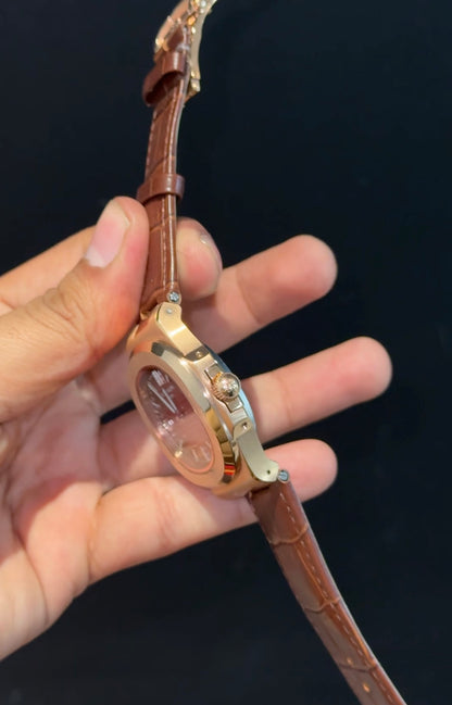 Pp Auto | Brown Leather Strap | Rose Case | Gradient Red Dial