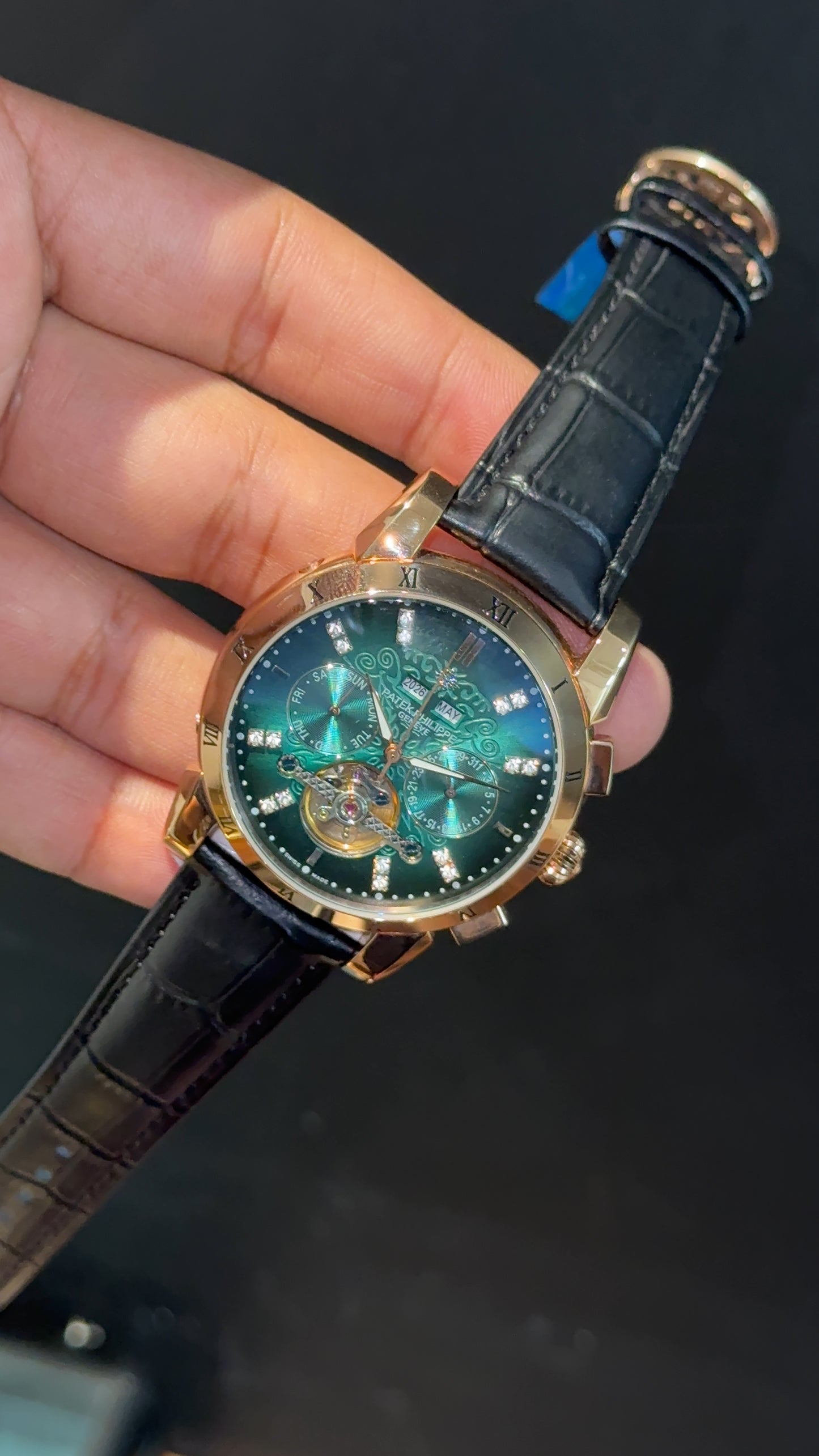 Patek Century | Auto | Pendulum | Rose Plain Case | Greenish Dial | Diamond Digit | Black Leather Strap - twentyfour