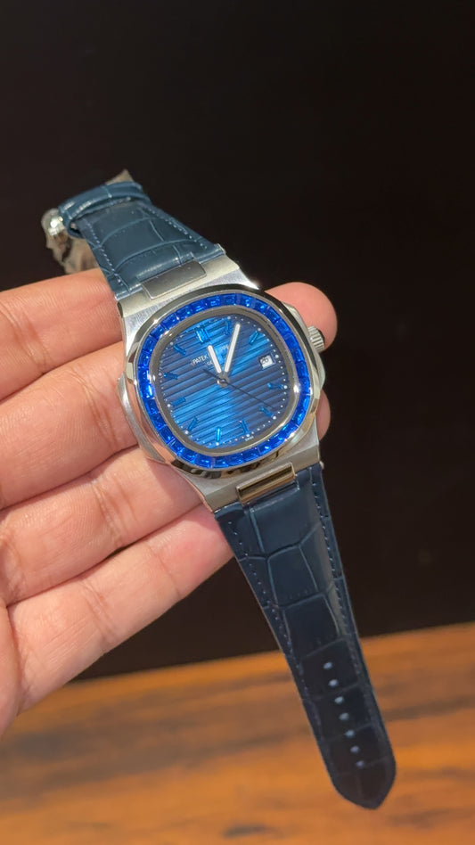 Pp Silver | Auto | Blue Diamond Bezel | Blue Leather Strap | Blue Digits | Blue Dial