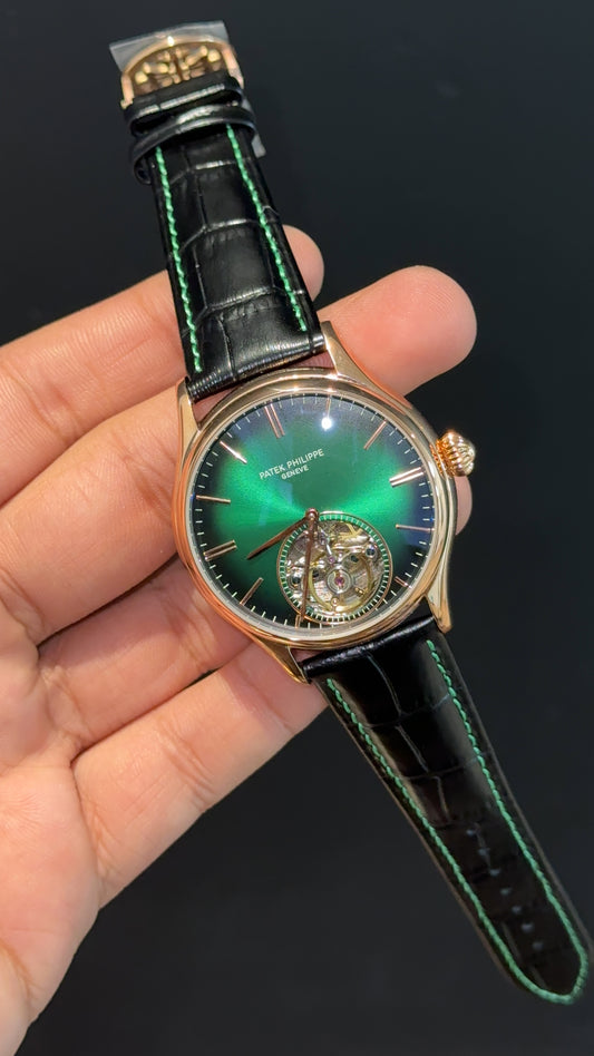 Patek Auto | Rose | Black Leather Strap | Pendulum | Gradient Green Dial - twentyfour