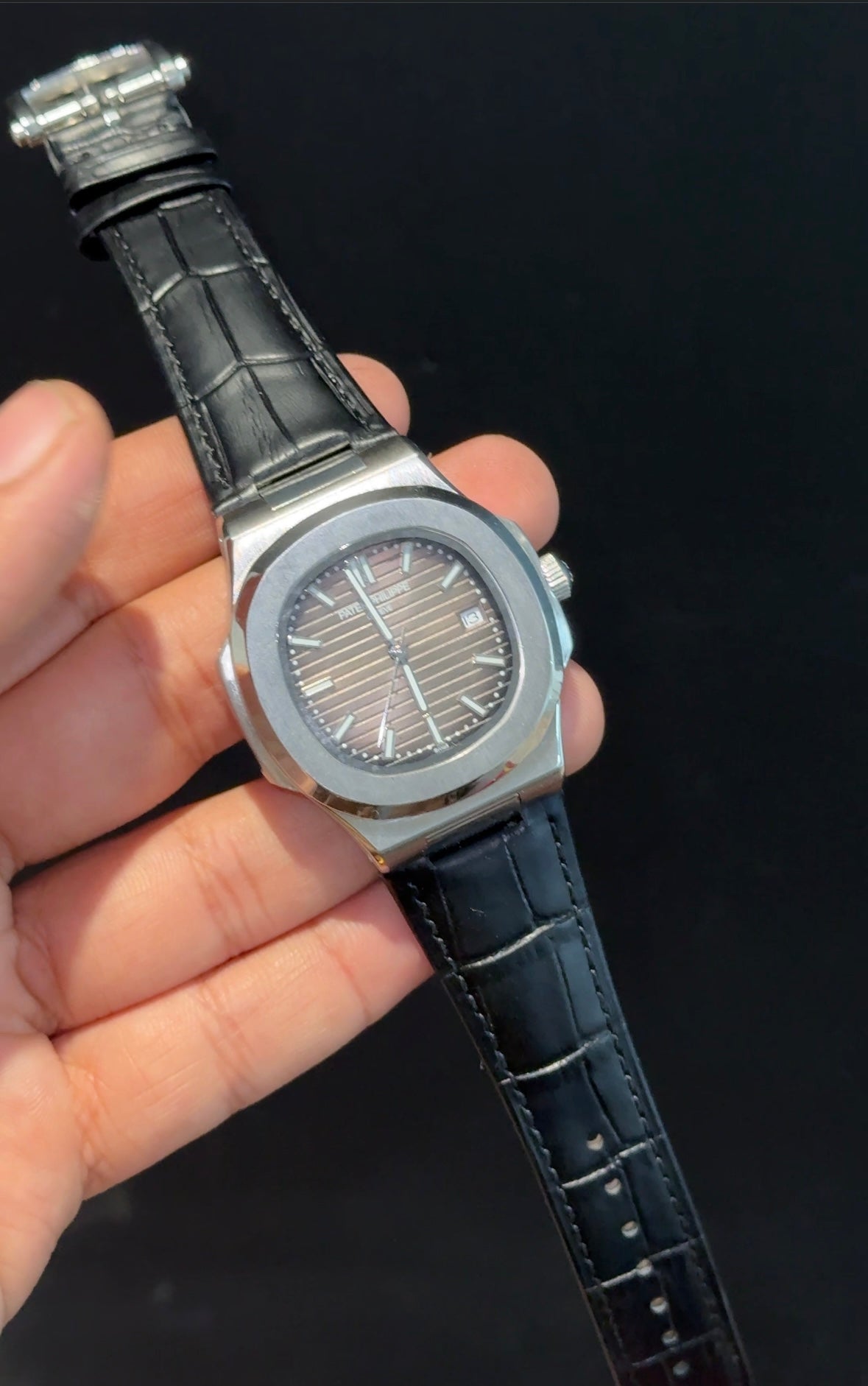 Pp Auto | Black Leather Strap | Silver Case | Grey Dial