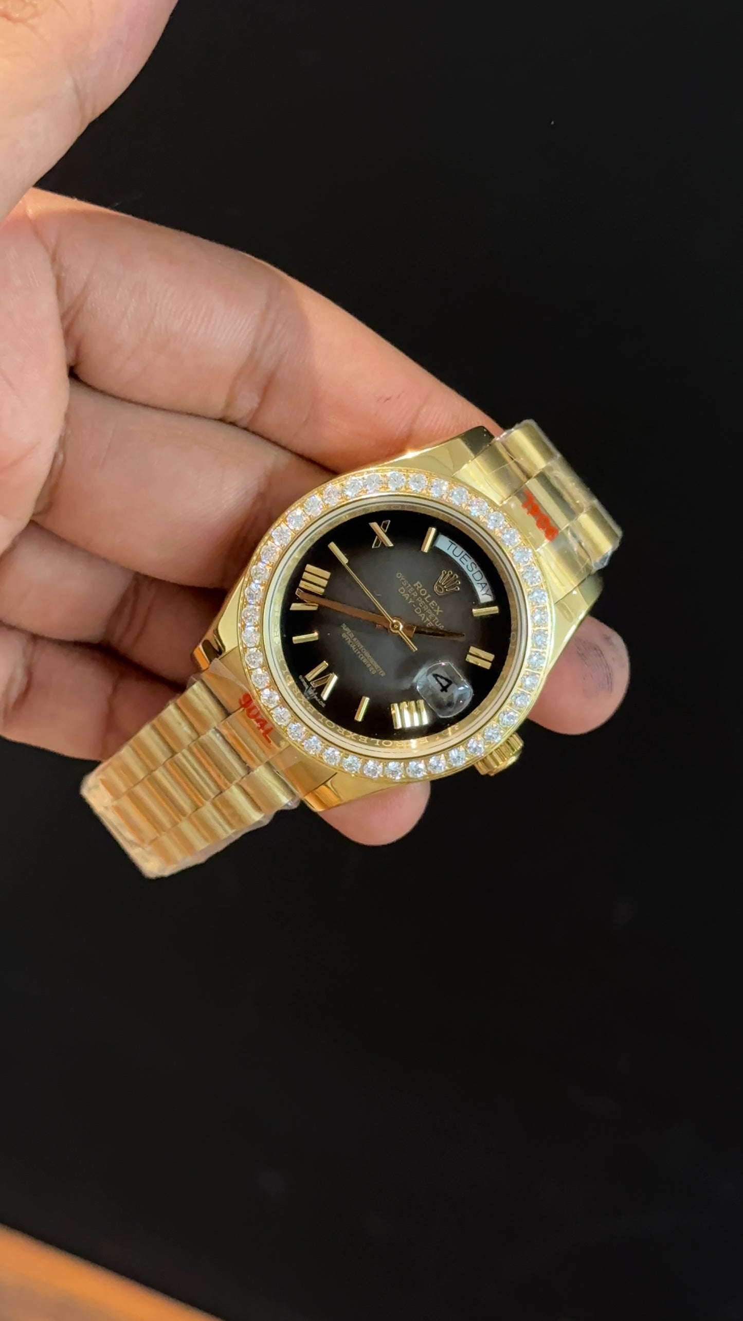 Daydate | Diamond Bezel | Gold Chain | Smokey Black Dial