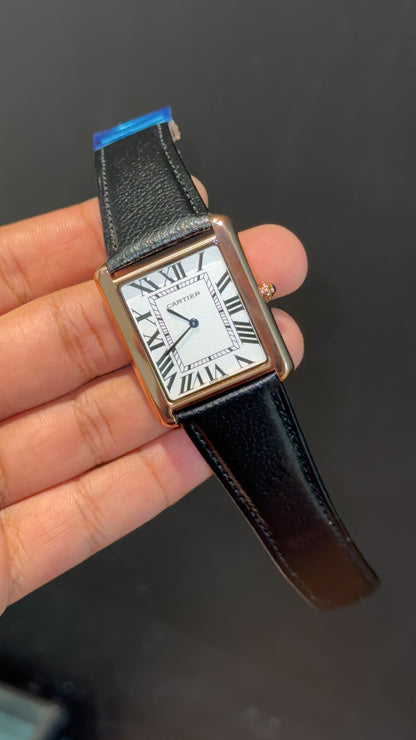 Cartier tank | Rose Case | Black Slim Strap | White Dial