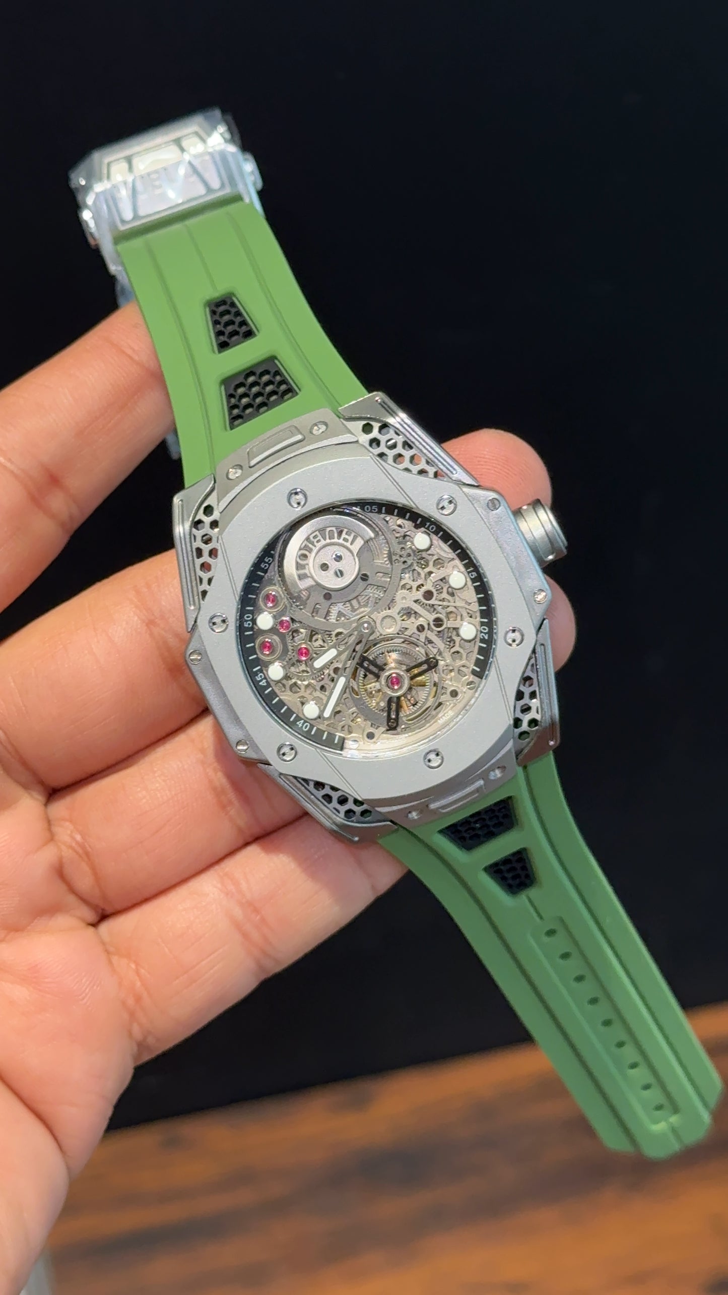 Premium Hublot | Big Bang Tourbillon Edition | Green Strap | Silver Skeletonized Dial