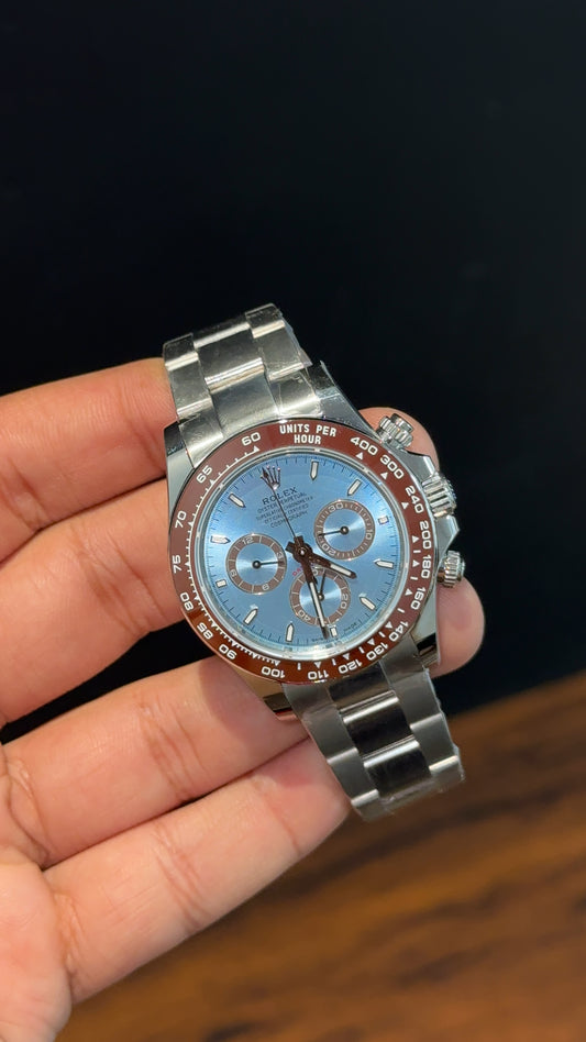 Premium Daytona | Platona | Silver Chain | Sky Blue Dial