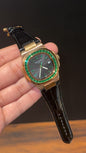 Pp Rose | Auto | Green Diamond Bezel | Black Leather Strap | Black Dial | Green Digits