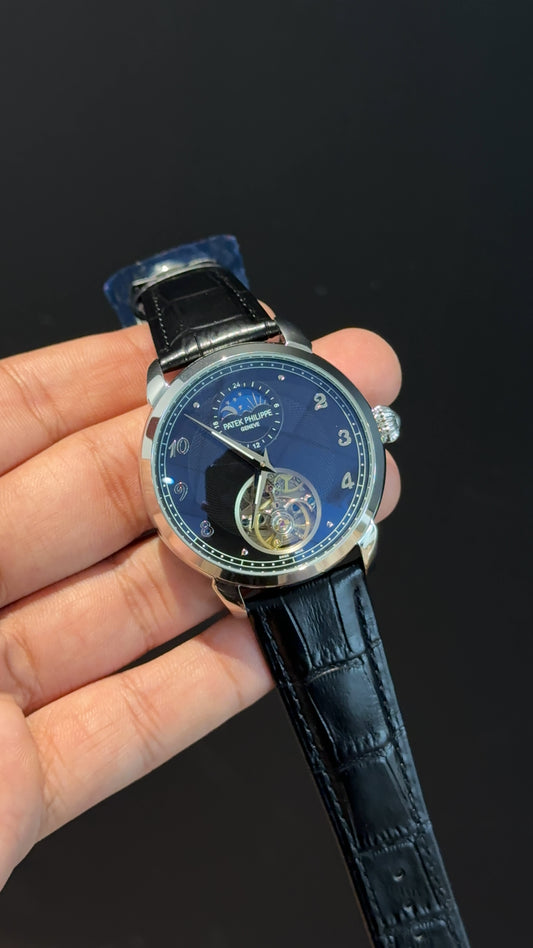 PP Auto | Silver | Pendulum | Moonphase | Black Leather Strap | Black Textured Dial
